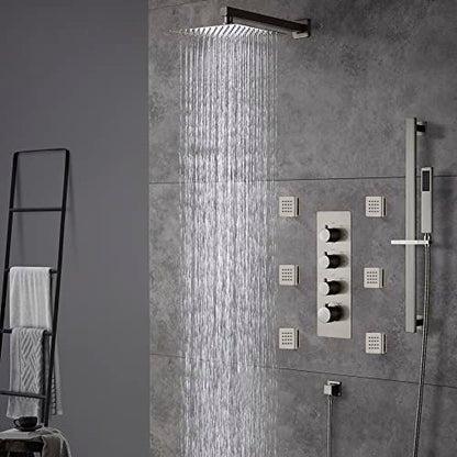 Cascada Luxury 12” Rainfall Shower set (Wall Mounted) with 4 knob thermostatic Valves & 3 functions (Rainfall, Body jets & Hand Shower) (Brushed Nickel) - color: Brushed Nickel