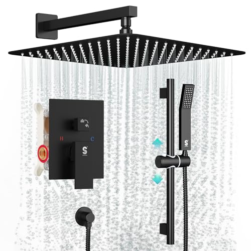 SR SUN RISE 12 Inch Square Shower System with Slide Bar,Matte Black | Rain Head and Handle System,16" Adjustable Shower Slide Bar,Soild Brass,Wall Mount,Included Valve and Trim Kit - color: Matte Black, size: 12 Inch