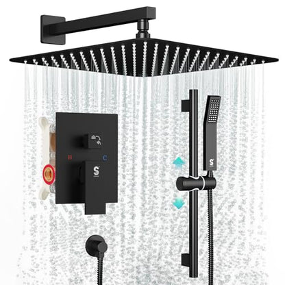 SR SUN RISE 12 Inch Square Shower System with Slide Bar,Matte Black | Rain Head and Handle System,16" Adjustable Shower Slide Bar,Soild Brass,Wall Mount,Included Valve and Trim Kit - color: Matte Black, size: 12 Inch