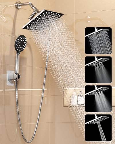Veken Multi-Function Rain Shower Head with Handheld, High Pressure, Square | Rainfall Showerhead, Dual Shower Heads Combo, 5-mode Detachable Hand Held Spray with Hose, regaderas para shower, Chrome - color: Chrome