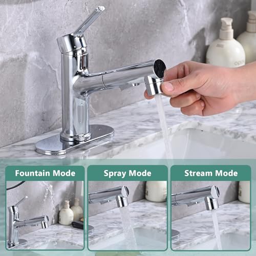 Bathroom Sink Faucet with Pull Out Sprayer, Single Handle Modern Bathroom Basin Faucet with Pop-up Sink Drain Stopper & Deck Plate 1 or 4-inch Centerset 3 Hole, Chrome - color: Chrome