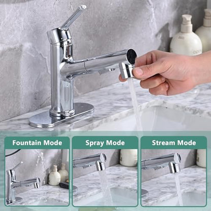 Bathroom Sink Faucet with Pull Out Sprayer, Single Handle Modern Bathroom Basin Faucet with Pop-up Sink Drain Stopper & Deck Plate 1 or 4-inch Centerset 3 Hole, Chrome - color: Chrome