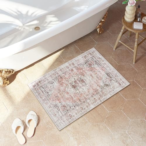 Uphome Boho Bathroom Rugs, Distressed Farmhouse Blush Pink Bath Mat, Comfy Velvet Small Bath Rugs Non Slip Washable, Vintage Oriental Toilet Rug for Sink Shower Vanity, 18x26 inch - color: Blush Pink, size: 18 x 26 inch (Rectangular)
