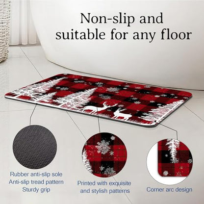 Elightvap Christmas Deer Plaid Bathroom Rugs Mat Non Slip Absorbent Quick Dry Rug Bath Mats for Bathroom Floor Bathtub,17 * 29.5 Inches - color: Christmas Deer Plaid
