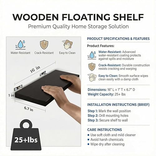 SAUMONIERES Floating Shelves Wall Shelf Solid Wood for Bathroom Bedroom Kitchen Set of 3, Espresso Wall Shelves - color: Espresso, size: 16 Inch-3 shelves