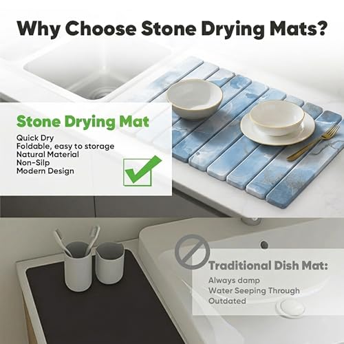 Stone Drying Mat for Kitchen Counter, Quick Diatomaceous Earth Mats for Dishes, 24"L x 16" W Super Absorbent Fast-Drying Collapsible Countertop Stone Mat (Marble White Blue, 24" x 16") - color: Marble White Blue