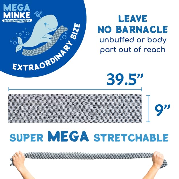 Mega Minke Exfoliating Body Scrubber Washcloth for Shower, Gray | Loofah alternative, 39.5x9 inch wash cloth, dead skin remover for hard-to-reach areas, use in shower and bath, rip-resistant