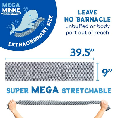Mega Minke Exfoliating Body Scrubber Washcloth for Shower, Gray | Loofah alternative, 39.5x9 inch wash cloth, dead skin remover for hard-to-reach areas, use in shower and bath, rip-resistant