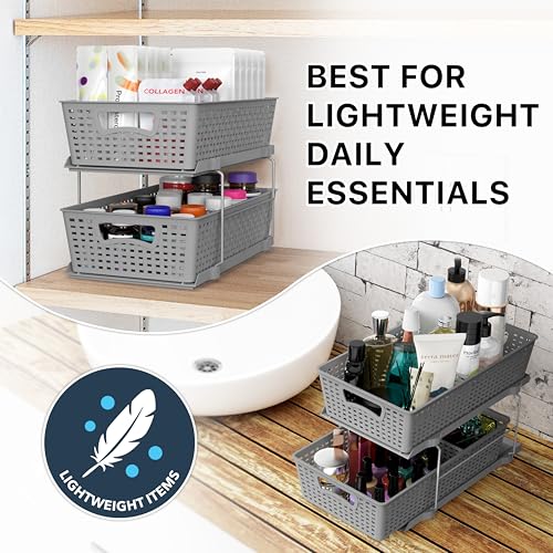 Simple Houseware 2 Tier Pull-Out Sliding Drawer Under Sink Storage, Gray | Great for Kitchen Bathroom Tray Shelf Organizer - color: Gray