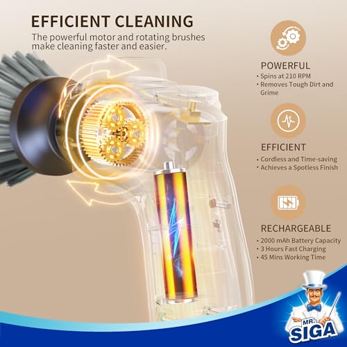 MR.SIGA Electric Spin Scrubber for Kitchen and Bathroom Cleaning | Waterproof rechargeable cordless spin scrubber with 5 replaceable cleaning brushes and scouring pads