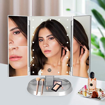 Trifold Lighted Vanity Makeup Mirror with 21 LED Lights,1/2/3 Magnification and Dimming,Two Power Supplies Makeup Mirror,Gift for Women - color: Silver