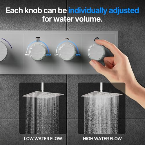 Shower System Brass Thermostatic Shower Faucet Set With Valve and Diverter Shower Mixer With Rain Head and Handheld High Pressure Square Rainfall - color: Brushed Nickel, style: 12+6'' Wall Mount Thermostatic Valve