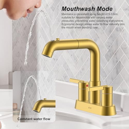 Pull Down Centerset Bathroom Faucet Brushed Gold 2 Handle 3 Hole | Pull Out Bathroom Faucet with Pop Up Drain & Supply Lines, Lead-Free cUPC & NSF Certified, 4 Inch Faucet for Vanity RV Sink - color: Brushed Gold
