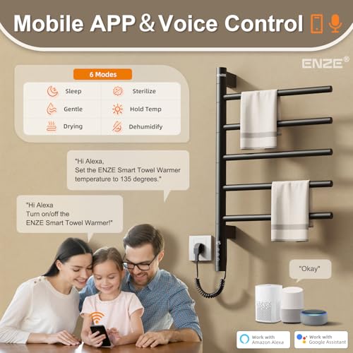 Smart Rotating Heated Towel Rack, 5-Bar, Matte Black | Wall-Mounted Electric Towel Warmer, Swivel Bars, Wi-Fi App Control, 24H Timer, Stainless Steel - color: Black 16.34"x26.77"