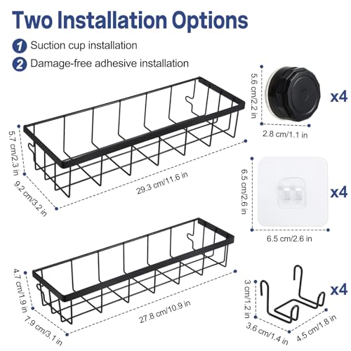 Shower Caddy Suction Cup Adhesive with Hooks, Heavy Duty Shower Shelves Storage Organizer for Bathroom, No Drilling Bathroom Shelf with Large Capacity, Black Metal Storage Basket