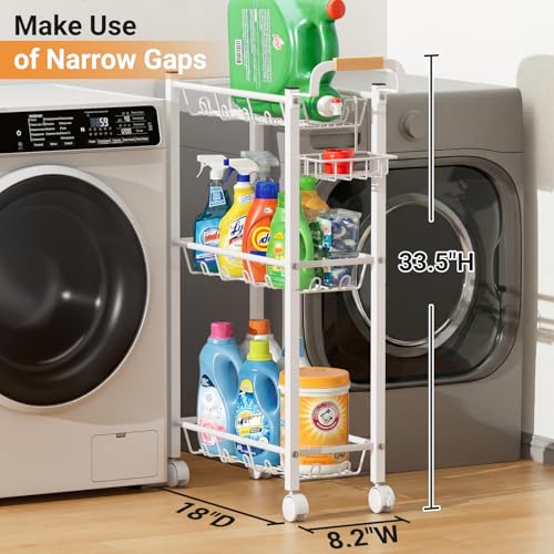 AOODA Laundry Room Cart with Top Detergent Holder, Metal Rolling Storage Cart Between Washer and Dryer, 3 Tier Narrow Laundry Room Organization and Storage with Wheels (White) - color: Arctic White