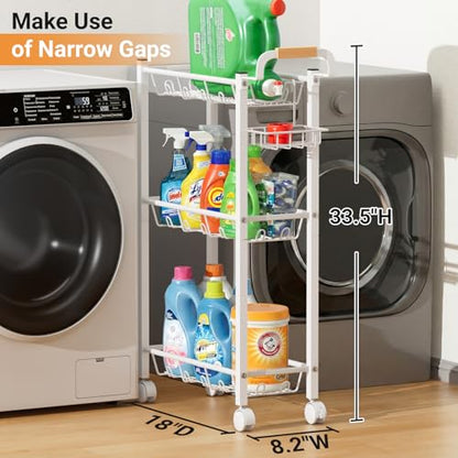 AOODA Laundry Room Cart with Top Detergent Holder, Metal Rolling Storage Cart Between Washer and Dryer, 3 Tier Narrow Laundry Room Organization and Storage with Wheels (White) - color: Arctic White