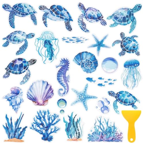 26Pcs Non Slip Bathtub Stickers, Cute Turtle Stickers with Scraper | Sea Creature Anti Slip Bath Tub Shower Decal with Adhesive Back for Bathroom, Shower Stairs - color: Turtles, size: 26Pcs