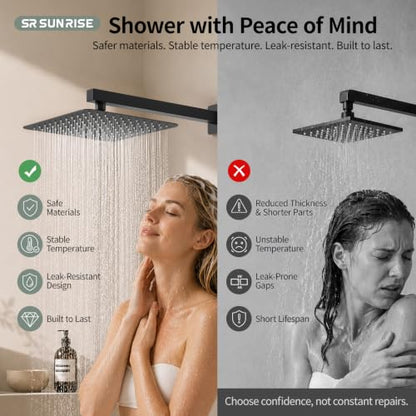SR SUN RISE Black Square Rainfall Shower Head and Handle Set, Wall Mounted Shower Fixtures, Metal Shower Faucet Trim Repair Kits (With Shower Valve) - color: Matte Black, size: 10 Inch
