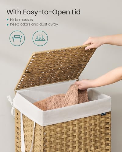 SONGMICS Laundry Hamper with Lid, 29 Gal (110 L) Synthetic Rattan,Foldable | Clothes Laundry Basket with Handles, Removable Liner, Goose Yellow, ELIOTT Collection ULCB152Y01 - color: Goose Yellow, size: 110 L
