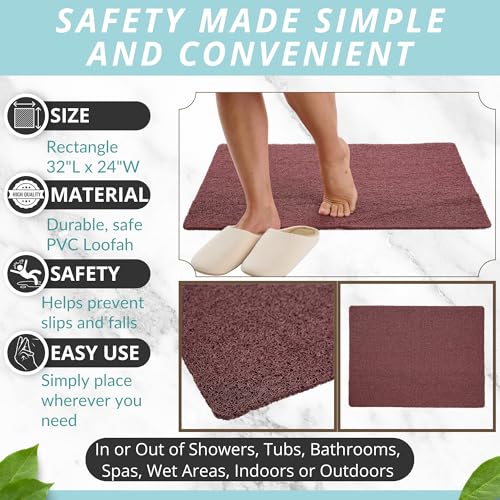 Enkosi Loofah Non-Slip Shower Mat - Shower Floors, Bathtub, Bathrooms, Wet Areas - Cushioned Bath Mat with Drain Holes - Quick Dry PVC, Secure Safety Pad Without Suction Cups (32x24 Brown) - color: Brown, size: 32" x 24" (Rectangular)