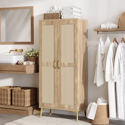 JASIWAY Tall Bathroom Storage Cabinet 57" Rattan Pantry Cabinet, Wood | With Doors and Adjustable Shelves, Freestanding Linen Closet & Wardrobe for Bathroom Laundry Bedroom, Anti-Tipping Device - color: Wood, size: 57" Tall Storage Cabinet