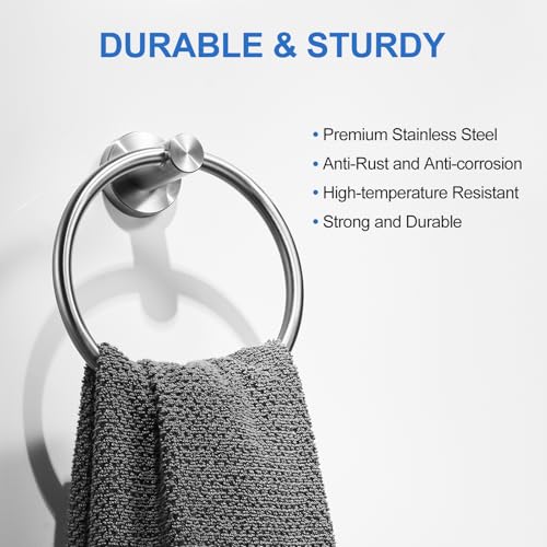 RUMOSE Brushed Nickel Bath Towel Ring Heavy Duty Round Hand Towel Holder Hanger for Bathroom & Kitchen, Stainless Steel Drill Free with Glue or Wall Mounted with Screws