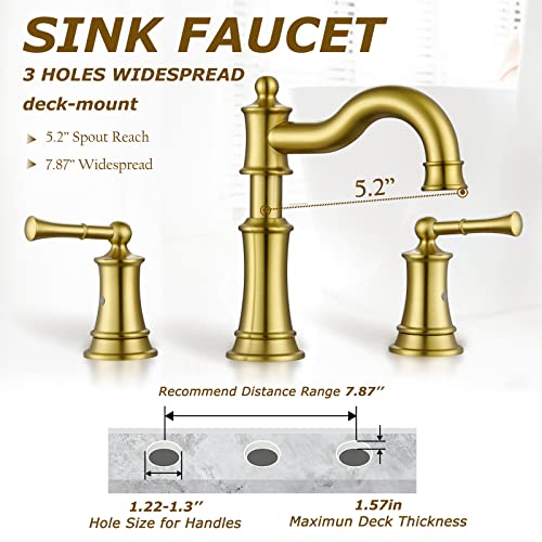 Roman Bathroom Sink Faucet 3 Holes Brushed Gold 2 Handle Widespread 8 inch Deck Mount Installation with Overflow Pop Up Drain Assembly and Water Supply Lines - color: Brushed Gold, style: 3 Hole Deck Mount