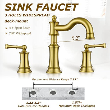 Roman Bathroom Sink Faucet 3 Holes Brushed Gold 2 Handle Widespread 8 inch Deck Mount Installation with Overflow Pop Up Drain Assembly and Water Supply Lines - color: Brushed Gold, style: 3 Hole Deck Mount