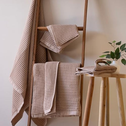 PÜSKÜL - Turkish Waffle Weave Towel Set - 100% Turkish Cotton Long-Staple Cotton, 4-Piece Bathroom Set (2 Bath, 2 Hand Towels) - Made in Turkey (Beige, Towel Set - 2 Hand & 2 Bath Towels) - color: Beige, size: Towel Set - 2 Hand & 2 Bath Towels