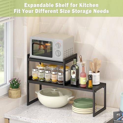 DOLALIKE Expandable kitchen Countertop Organizer, Stackable Cabinet Shelf Organizers, Space Saving Spice Rack Pantry Storage for Bathroom Office (Black, 1 Pack) | Space Saving Metal Pantry Storage Racks for Kitchen Spice Rack Pans and Untensils Bathroom O