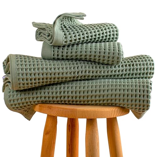 PÜSKÜL Natural 100% Turkish Cotton Waffle Towels Set of 4-Piece, Sage Green | 2-Bath sheet (Extra-large 32x63") and 2-Hand towel (Large 32x16"). Premium honeycomb-waffle weave, oeko-tex made in Turkiye. - color: Sage Green