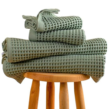 PÜSKÜL Natural 100% Turkish Cotton Waffle Towels Set of 4-Piece, Sage Green | 2-Bath sheet (Extra-large 32x63") and 2-Hand towel (Large 32x16"). Premium honeycomb-waffle weave, oeko-tex made in Turkiye. - color: Sage Green