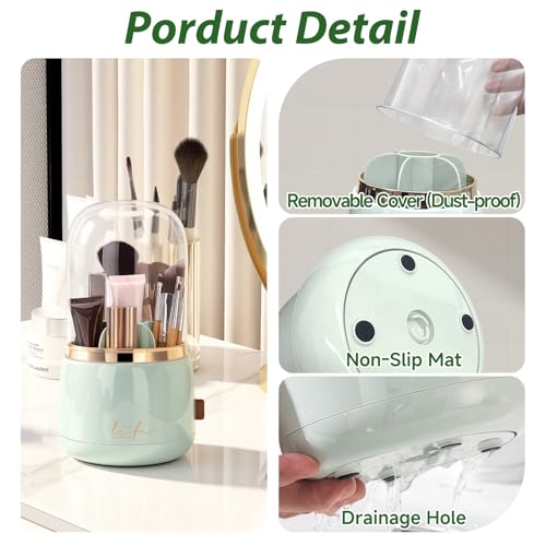 360º Rotating Toothbrush Holder with Cover, Dustproof Waterproof Cosmetic Organizer, 7-Slot Bathroom Countertop Organizer with Drainage for Makeup Brushes, Electric Toothbrushes, Toothpaste - color: Green