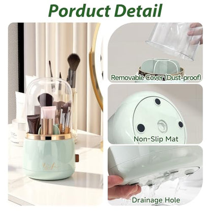 360º Rotating Toothbrush Holder with Cover, Dustproof Waterproof Cosmetic Organizer, 7-Slot Bathroom Countertop Organizer with Drainage for Makeup Brushes, Electric Toothbrushes, Toothpaste - color: Green