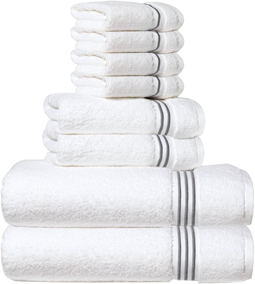 8-Piece Premium Towel Set, 2 Bath Towels, 2 Hand Towels, and 4 Wash Cloths, 100% Ring Spun Cotton Highly Absorbent Towels for Bathroom, Gym, Hotel, and Spa - color: Gray