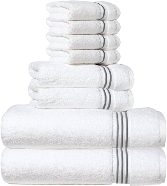 8-Piece Premium Towel Set, 2 Bath Towels, 2 Hand Towels, and 4 Wash Cloths, 100% Ring Spun Cotton Highly Absorbent Towels for Bathroom, Gym, Hotel, and Spa - color: Gray
