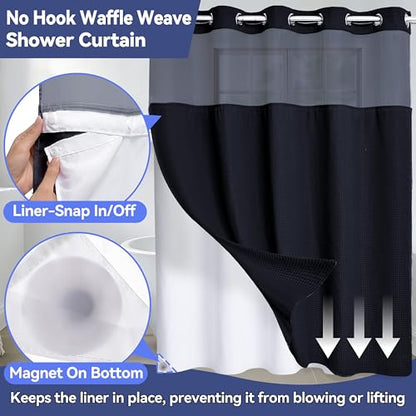 Conbo Mio Extra Long No Hook Waffle Weave Shower Curtain with Snap in Liner Set, Hotel Luxury Black Shower Curtains for Bathroom with See Through Top Window, Waterproof, Washable 71W x 84H - color: Waffle-black, size: 71"W x 84"L (Pack of 1)
