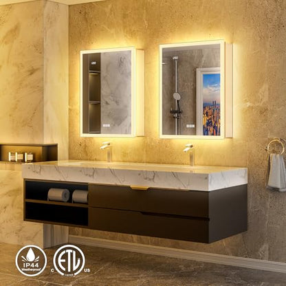 24x32 Front & Backlit Medicine Cabinet with LED Lights, 155°Soft-Close Hinge, Surface or Recessed Dimmable Lighted Medicine Cabinet Mirror with Clock Outlet Inner Light,Anti-Fog - size: 24x32'' (Left Hinge)