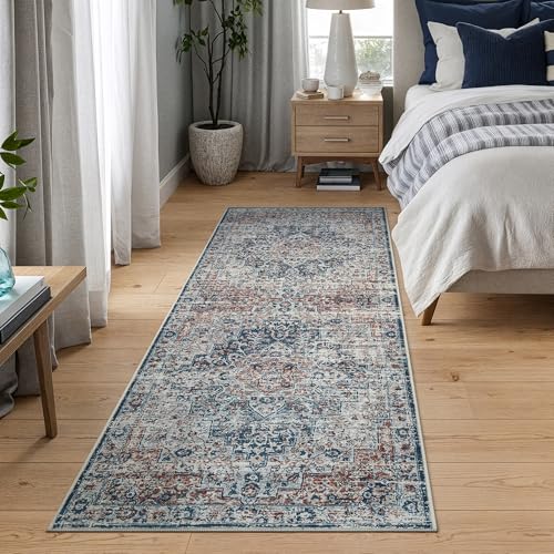 Bloom Rugs Caria Washable Non-Slip 7 ft Runner - Terracotta/Teal Traditional Runner for Entryway, Hallway, Bathroom, and Kitchen - Exact Size: 2'6" x 7' - color: Terracotta / Teal, size: 2'6" x 7' (Runner)