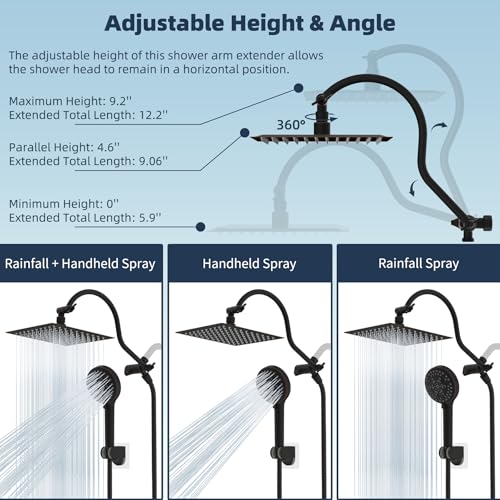 Hibbent All Metal Shower Head, 8'' High Pressure Rainfall Shower Head/Handheld Showerhead Combo with 12'' Adjustable Curved Shower Extension Arm, 10-Spray, 71'' Hose, Shower Holder, Oil Rubbed Bronze - color: Oil Rubbed Bronze, style: Square 8''
