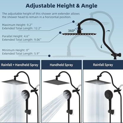Hibbent All Metal Shower Head, 8'' High Pressure Rainfall Shower Head/Handheld Showerhead Combo with 12'' Adjustable Curved Shower Extension Arm, 10-Spray, 71'' Hose, Shower Holder, Oil Rubbed Bronze - color: Oil Rubbed Bronze, style: Square 8''