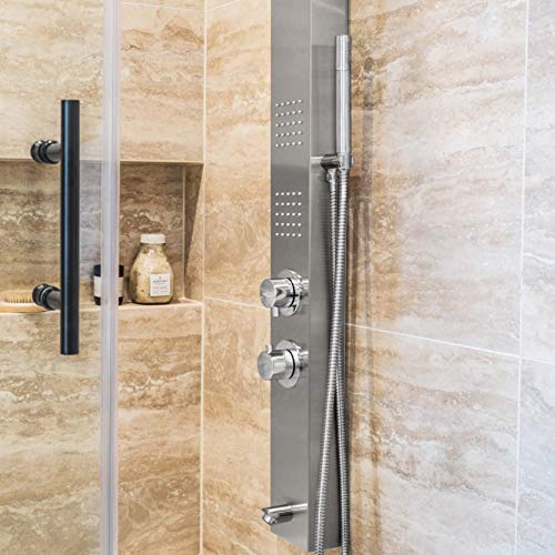 Sasha 59" Rainfall Bodyspray Shower Panel with Handheld Shower Wand and Thermostatic Valve, Stainless Steel