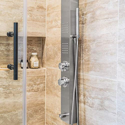 Sasha 59" Rainfall Bodyspray Shower Panel with Handheld Shower Wand and Thermostatic Valve, Stainless Steel