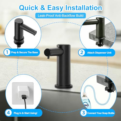Automatic Touchless Dish Soap Dispenser for Kitchen Sink, Two Adjustable Dispensing Sink Soap Pumps, 38" Tube, Leak-Proof Plug-in, Built-in Fit for Bathroom Commercial (Black)