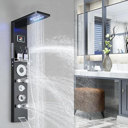 RUMOSE Matte Black Shower Panel Tower System, 5-Mode Shower Faucet Set | LED Light Rainfall Shower Head Digital Display with Massage Jets Tub Spout Shower Shelves, Stainless Steel, Wall Mount - color: Matte Black