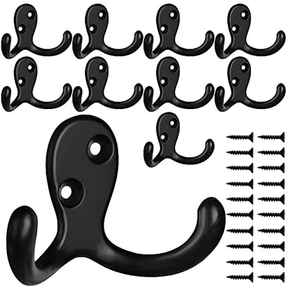 IBosins 10 Pack Black Double Prong Coat Hooks Wall Mounted with 20 Screws | Heavy Duty Retro Double Hooks Utility Hooks for Coat, Scarf, Bag, Towel, Key, Cap, Cup, Hat - color: 10 Pcs Black