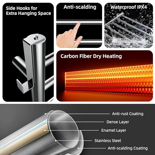 P&Dlusir EL13 Heated Towel Rack, Polished, 5 Bar | Fast Heat in 2 Min, Smart Timer, Thermo Control, Memory Functoion, Stainless Steel, Hard-Wired/Plug-in - color: Polished, size: 21.65"W x 17.72"H