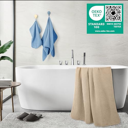 POLYTE 430 GSM Poly Blend Microfiber Quick Dry Waffle Bath Towel Set of 6 | 2-Body Towels, 2-Hand Towels, 2-Wash cloths, Oversize, Lint Free - color: Beige,blue