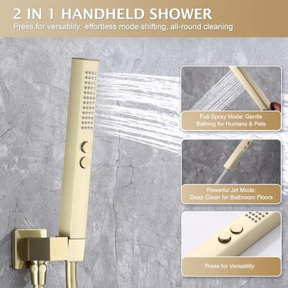 Rain Shower System, 8''Square Rain Head,2-Spray Handheld,Gold | 2 Spray Functions,Anti-Tangle Explosion-proof PVD Hose,Balance Temp Valve,Rust-proof & Scratch-resistant - color: Brushed Gold, size: 8 Inch